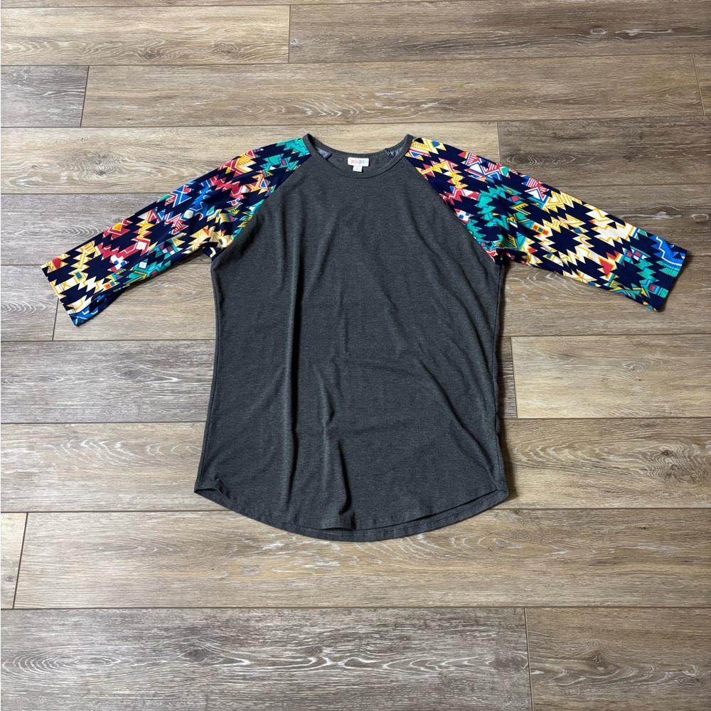 Lularoe Randy Baseball Tee Shirt Sz XL Aztec Rainbow Whimsical Colorful Comfy